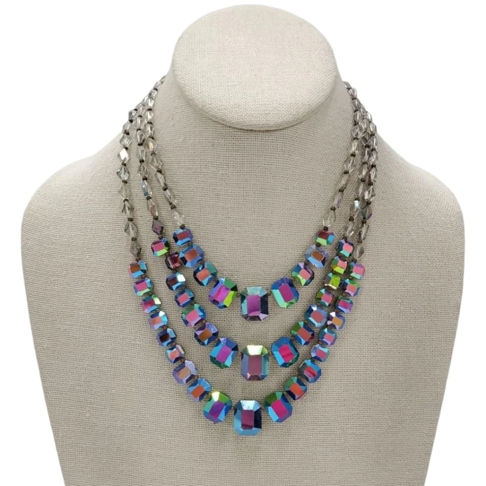 Peacock AB Aurora Borealis Glass Crystal Bead Necklace And Art Class Jewelry Lot